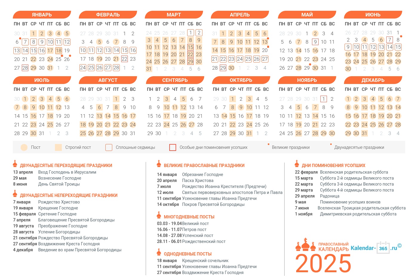 Православный церковный календарь на 2025 год с праздниками и