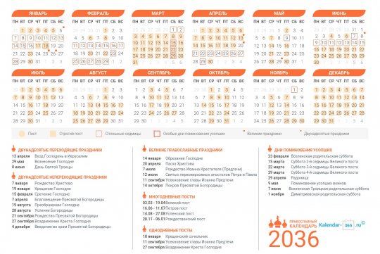 Православный календарь на Ноябрь 2036 года