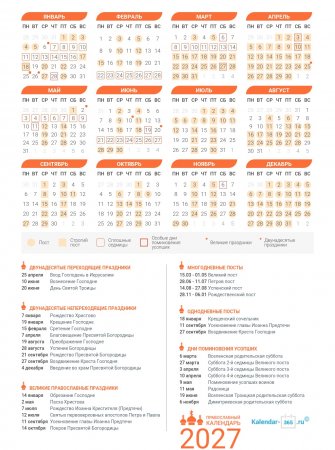 Православный календарь на Январь 2027 года