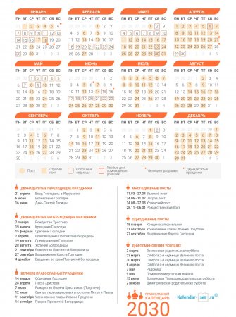 Православный календарь на Август 2030 года