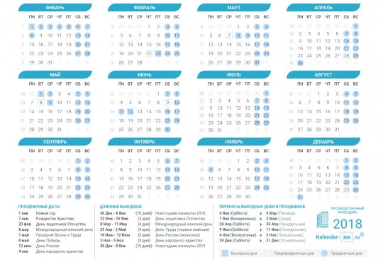 Производственный календарь на 2018 год в России