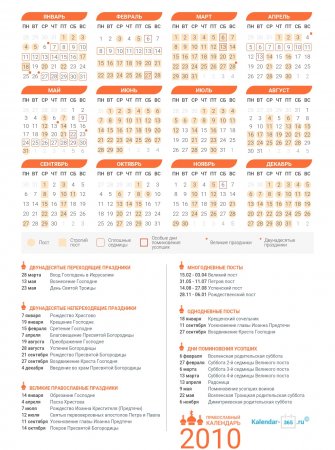 Православный календарь на 2010 год