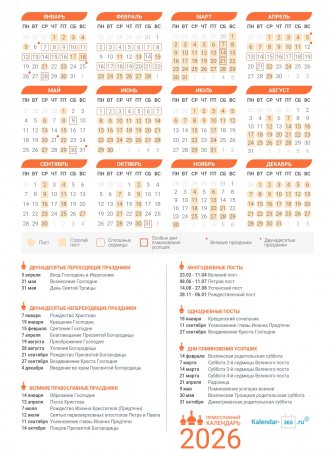 Православный календарь на Март 2026 года