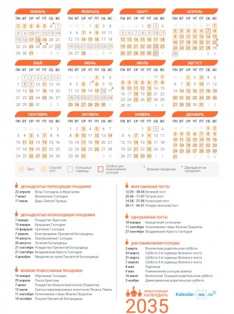 Православный календарь на Май 2035 года