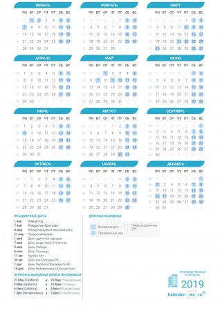 Выходные и праздничные дни Казахстана на Май 2019 года