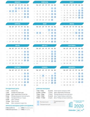 Производственный календарь на 2020 год в России